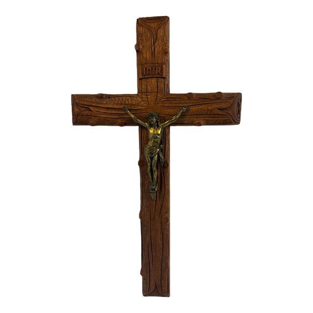 Vintage Large Carved Wood and Brass Crucifix For Sale