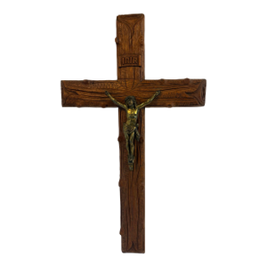 Vintage Large Carved Wood and Brass Crucifix