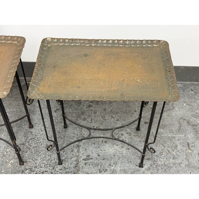 Metal Egyptian Vintage Brass Tray + Wrought Iron Side Tables, Pair For Sale - Image 7 of 12
