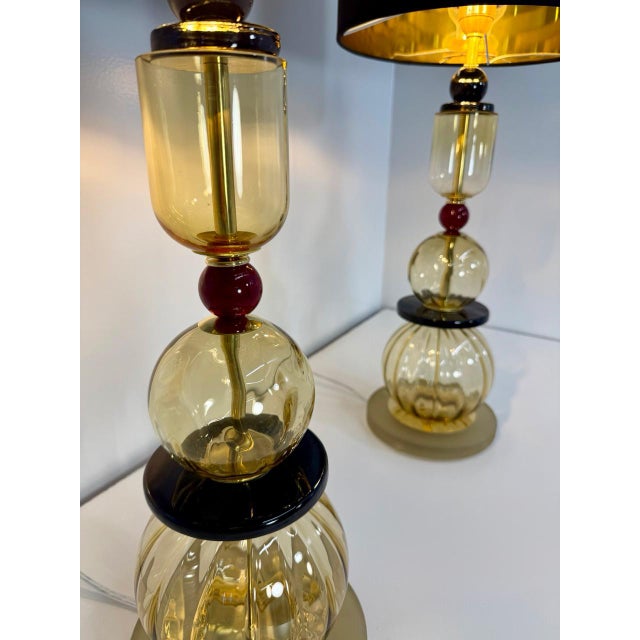 Beige Italian Amber, Burgundy and Black Murano Glass Table Lamps, 2000s, Set of 2 For Sale - Image 8 of 14