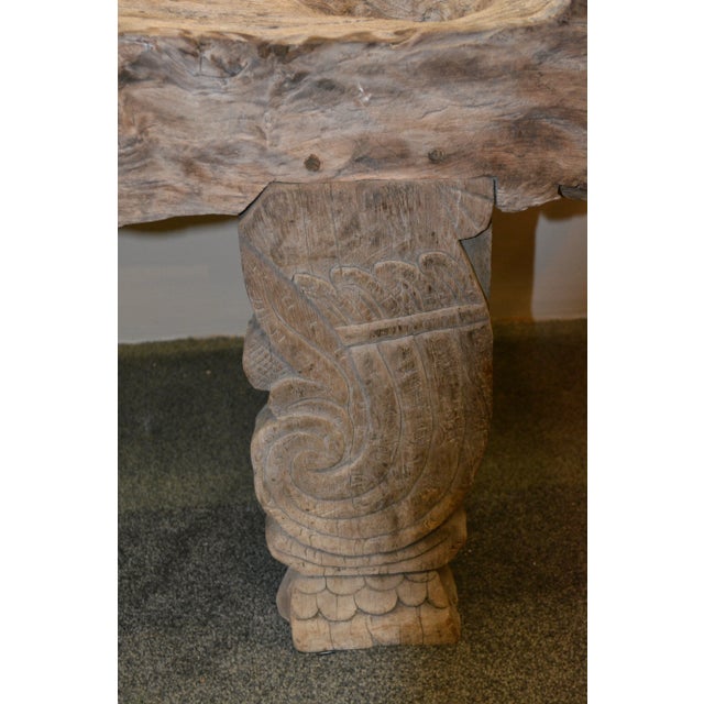 Primitive / Rustic Impressive Gray Weathered Solid Wood Carved Bench Seat Patio From Bali For Sale - Image 4 of 12