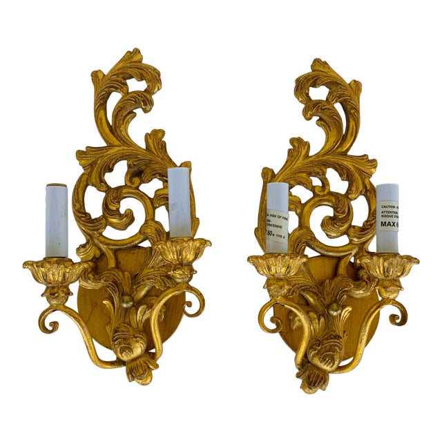Myran Allan Luxury Lighting Italian Small Carved Wood Gold Wall Sconces Pair For Sale