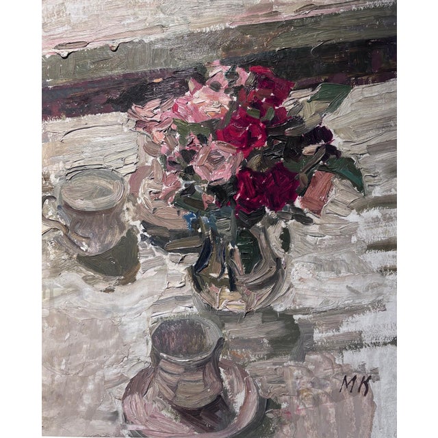 Maya Kopitzeva, Vase of Roses, 1980s, Oil on Cardboard, Framed For Sale - Image 3 of 8