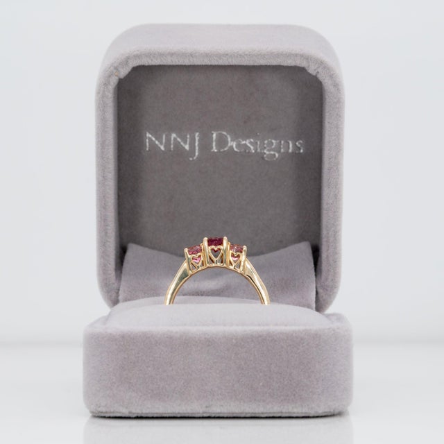 Rubellite Tourmaline Three-Stone Estate Ring in Solid 14k Gold, Round Cut 5mm, Size 8 For Sale - Image 4 of 8