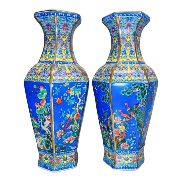 Pair of Chinese Hexagonal Blue Ground Famille Rose Peacock & Bird Porcelain Vases, Chinoiserie Decor Vessels For Sale