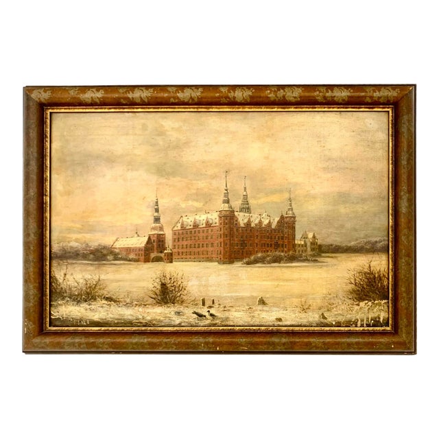 Antique Oil Painting of Frederiksborg Castle in the Winter For Sale