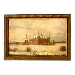 Antique Oil Painting of Frederiksborg Castle in the Winter