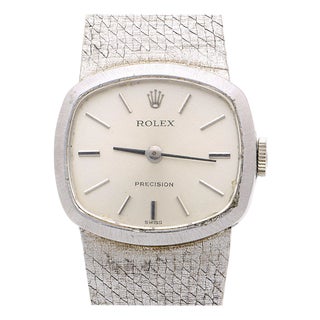 1970s Rolex Precision 2644 Vintage 1971 Silver Dial 18k White Gold Mesh Bracelet Watch For Sale
