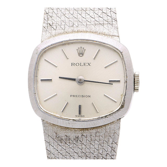 1970s Rolex Precision 2644 Vintage 1971 Silver Dial 18k White Gold Mesh Bracelet Watch For Sale