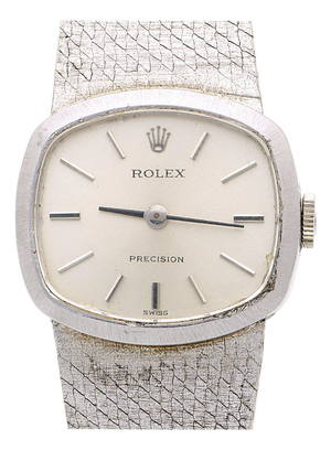 1970s Rolex Precision 2644 Vintage 1971 Silver Dial 18k White Gold Mesh Bracelet Watch