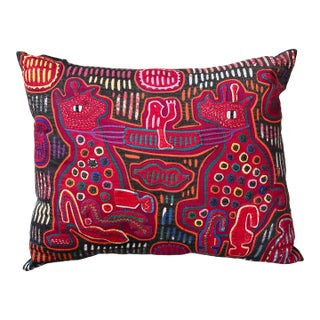 Kuna Mola Hand Sewn Textile Folk Art Embroidered Colorful Throw Pillow 18" For Sale