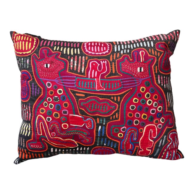 Kuna Mola Hand Sewn Textile Folk Art Embroidered Colorful Throw Pillow 18" For Sale