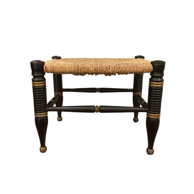 Antique Ebonized Hitchcock Stool / Footsool With Woven Rush Seat, Stenciling, & Spool Legs For Sale In Dallas - Image 6 of 12