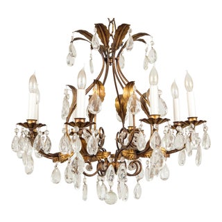 Italian Gilt Tole and Crystal Drops Eight Arm Chandelier For Sale