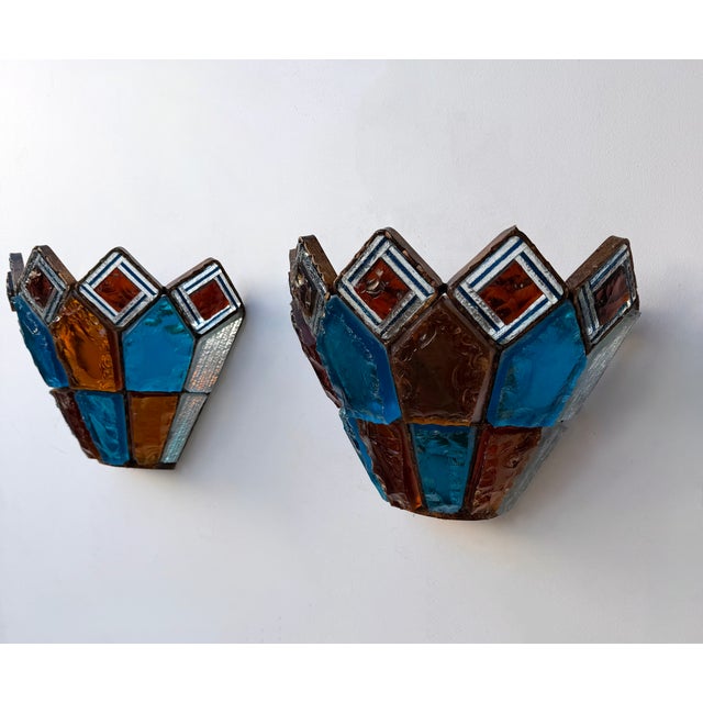 Pair of Hammered Glass Wrought Iron Sconces by Longobard, Italy, 1970s For Sale - Image 10 of 12