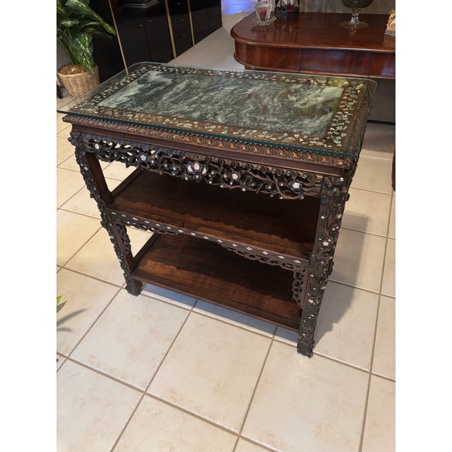 Antique Chinese Black Lacquer & Mother-of-Pearl Marble Top Tiered Table Late 19th Century | Qing Dynasty Influence For Sale - Image 12 of 12