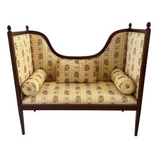 Vintage Sheraton Style Upholstered Settee For Sale