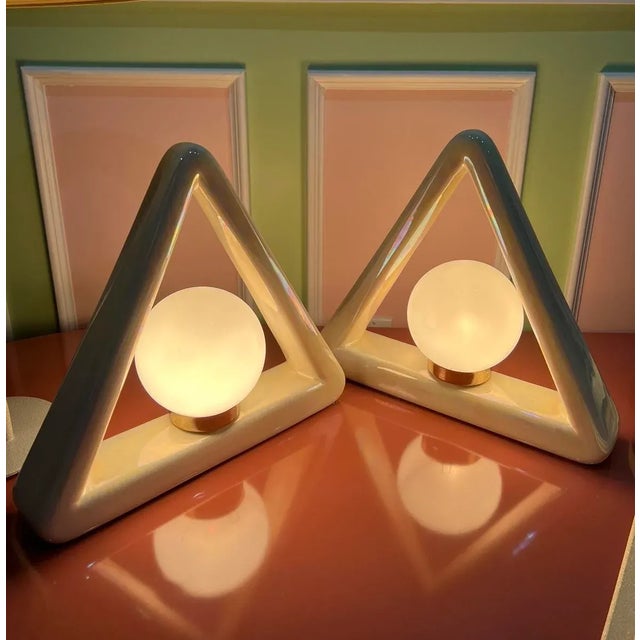 Triangle ceramic lamps - A pair, made in 1980 Perfect for bedside tables or anywhere for a statement piece