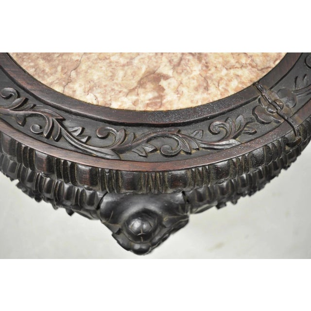 Antique Oriental Chinese Carved Hardwood Marble Top Foo Dog Side Table For Sale In Philadelphia - Image 6 of 11