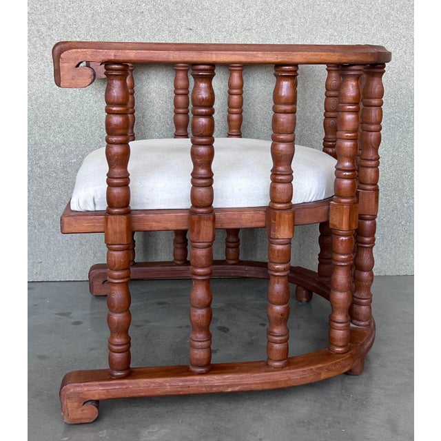 Early 20th Century Pair of Spanish Slatted Barrel Back Hand Carved Chairs For Sale - Image 11 of 18