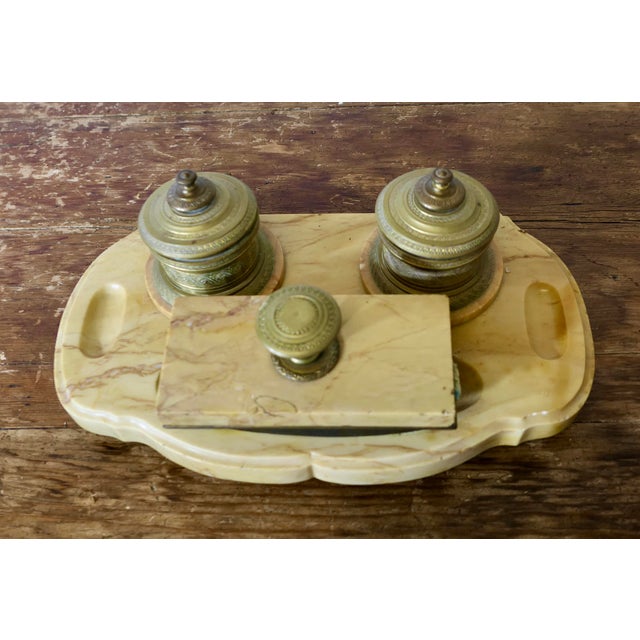 Metal French Brass and Marble Desk Inkwell Stand, Set of 6 For Sale - Image 7 of 8
