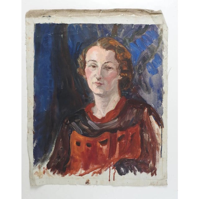 Vintage circa 1920's oil on linen portrait painting of woman. Unsigned. Unframed, has been removed from stretchers so is...