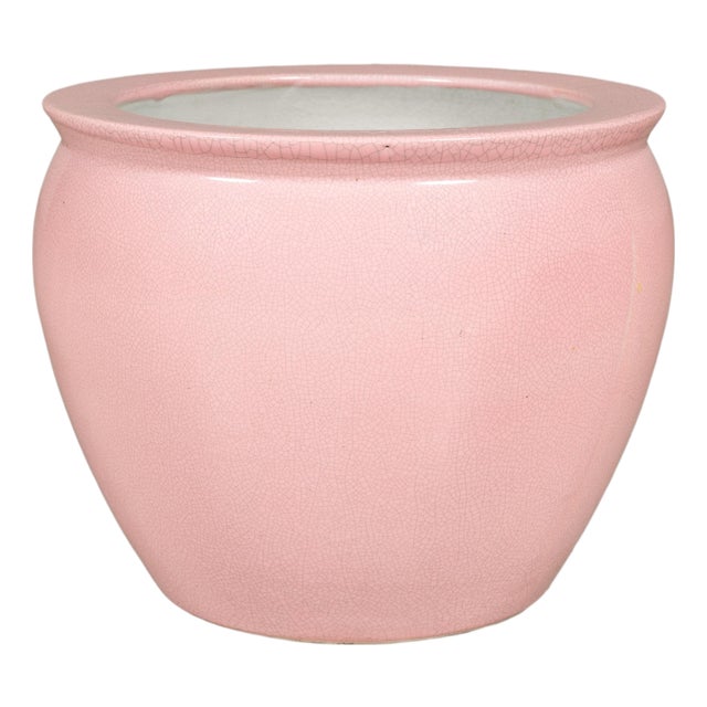 Vintage Chinese Pink Crackle Glazed Ceramic Planter, Medium Size For Sale
