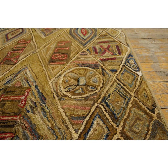 1870s Brown Geometric Folk Art Antique American Hooked Rug 3'1" X 6'1" Inscription Wool Carpet For Sale - Image 9 of 11
