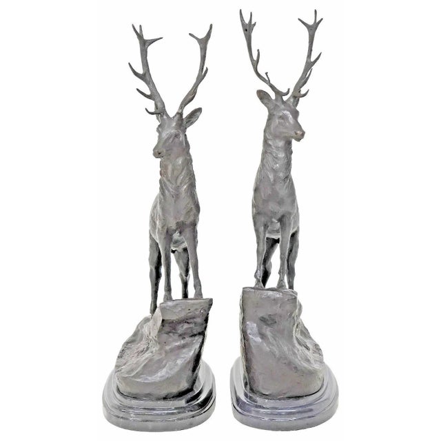 Bronze Patinated, Large, After Jules Moigniez, Marble Base, Bronze Stag Sculptures, Set of 2!! For Sale - Image 8 of 10