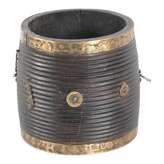 Vintage Indian Teakwood and Brass Pot For Sale