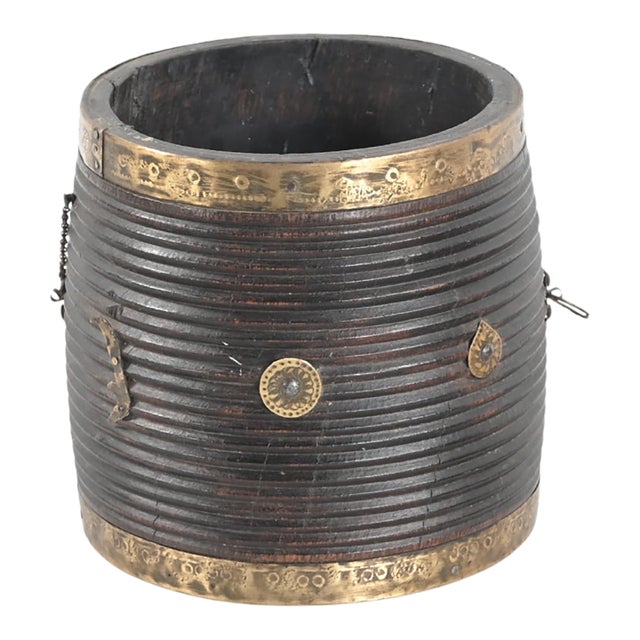 Vintage Indian Teakwood and Brass Pot For Sale