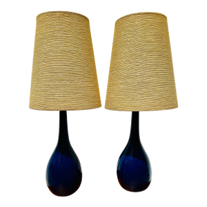 A Pair of Mid Century Modern Blue Glazed Ceramic Table Lamps With Original Fiberglass Shades by Lotte and Gunnar Bostlund, Unmarked