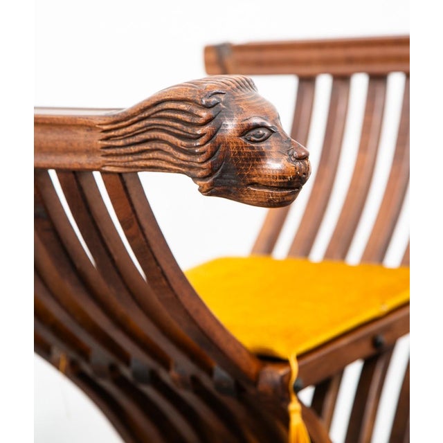 Brown Mid Century Side Chair Stained Italian Arm Carved Lion Head Savonarola Baroque For Sale - Image 8 of 12