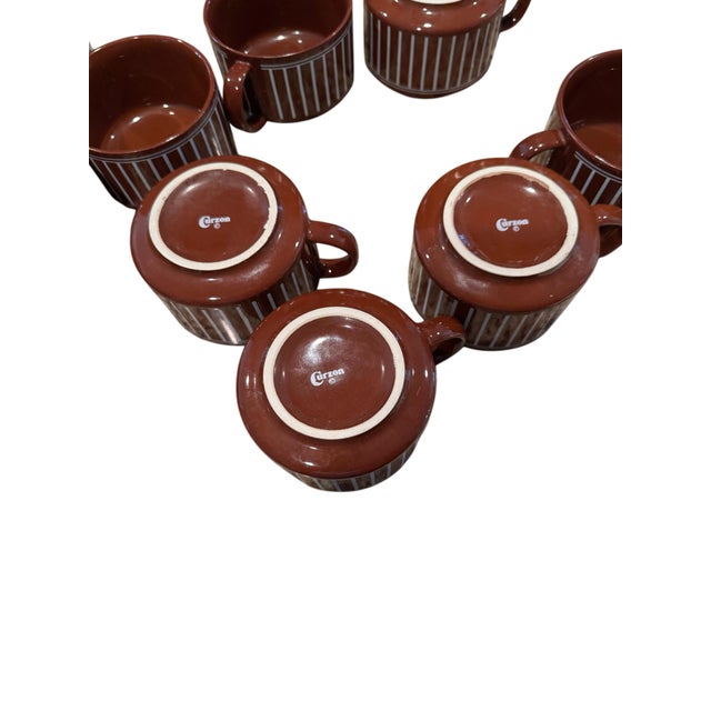 Mid-Century Modern Vintage Curzon Brown & White Pinstripe Ceramic Coffee, Hot Chocolate, or Soup Mugs, Set of 10 For Sale - Image 3 of 7