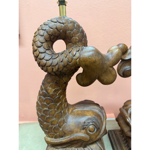 Vintage Wood Koi/Dolphin Lamps, a Pair, Hand Carved, Mid 20th Century For Sale - Image 4 of 10