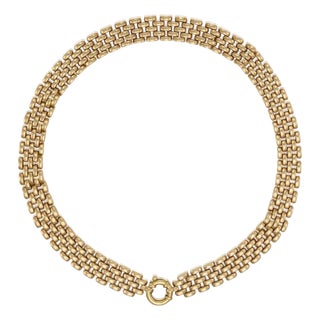 14k Gold Panther Brick Link Choker Style Chain Necklace in the Manner of Cartier, Oversized Spring Ring for Pendants, Signed, Italy For Sale
