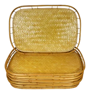 Vintage Mid-Century Woven Rattan Stacking Serving Tiki Trays- Set of 6