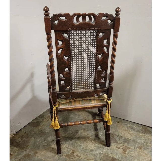 English Carved Walnut Barley Twist Throne Chair With Putti & Cane Back For Sale - Image 13 of 13