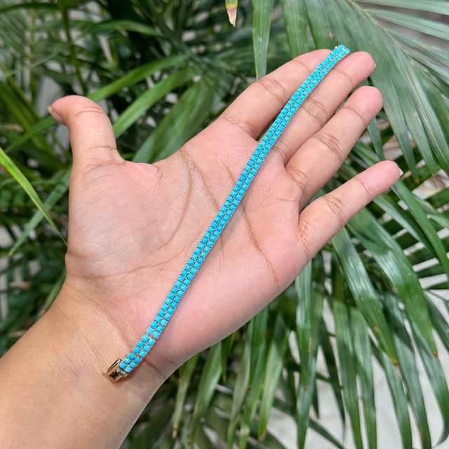 14k Yellow Gold Double Beaded 9.85ct Turquoise Tennis Necklace for Women For Sale In New York - Image 6 of 16