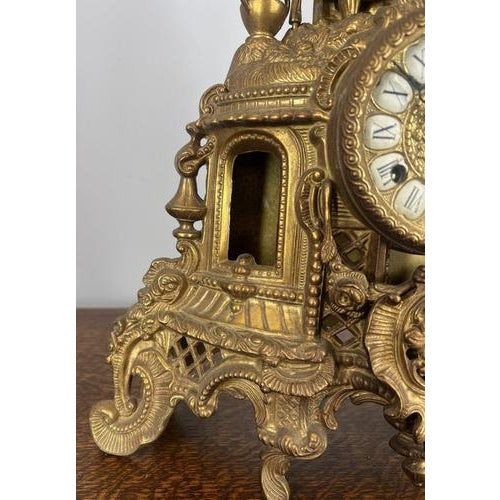 Vintage Rococo Style Ornate Brass Mantel Clock and Candelabras, Set of 3 For Sale - Image 6 of 18