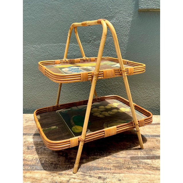 Wood Vintage Rattan Two-Tiered Tray Stand For Sale - Image 7 of 18