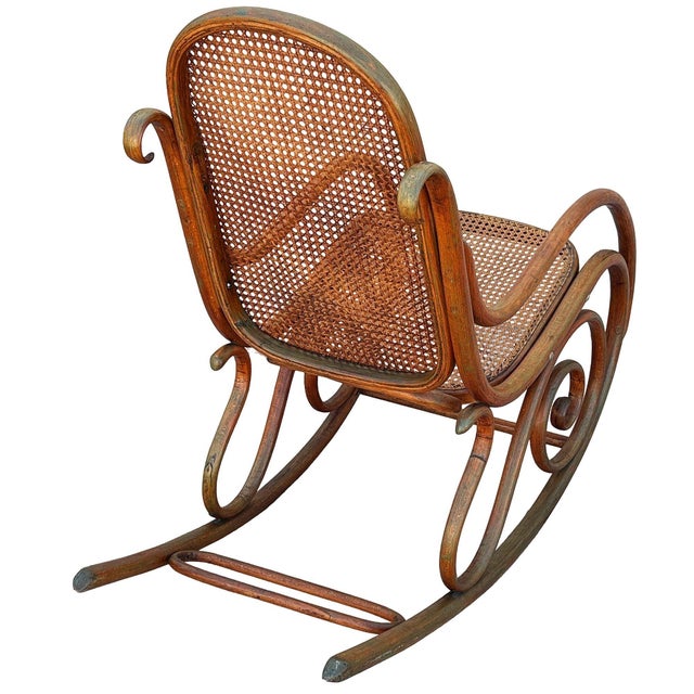 Late Victorian Oak & Caine Scrolling Rocking Chair Attributed to Thonet No. 4 For Sale - Image 4 of 7