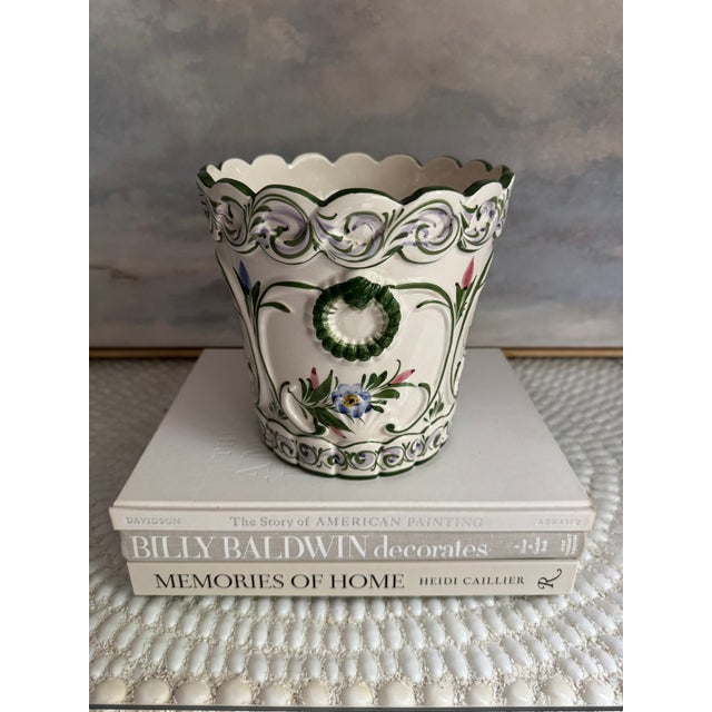 Mediterranean Vintage Portugal RCCL Hand Painted White and Green Floral Scalloped Ceramic Planter For Sale - Image 3 of 6