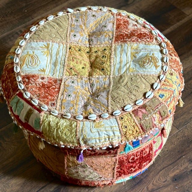 ABC Carpet & Home Pouf India Khambadiya Colorful Patchwork Stool - Shells Mirrors Abc Furniture Boho Chic For Sale - Image 4 of 12