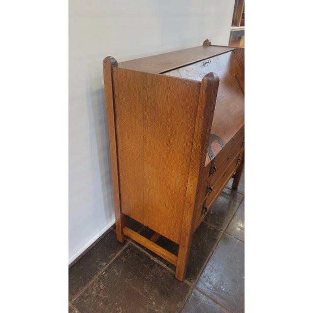 Chestnut Mission Charles Limbert Strap-Hinge Three Drawer Drop Front Desk C .1910 Rare For Sale - Image 8 of 12
