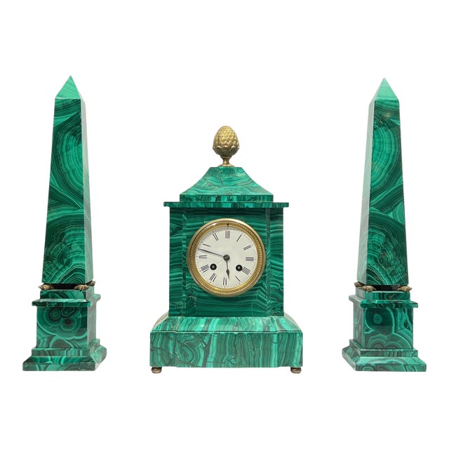 19th Century Malachite Veneered Mantel Clock and Obelisks Set- 3 Pieces For Sale