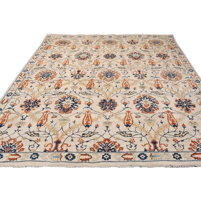 1990s Shabby Chic Kafkaz Peshawar Ivory/Blue Wool Rug - 9'1 X 10'8 For Sale - Image 4 of 6