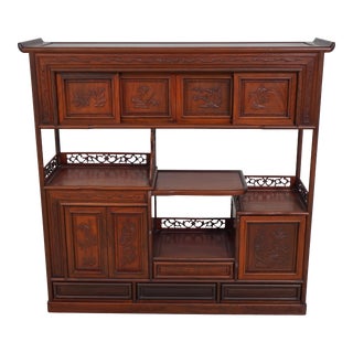 Vintage Chinese Hardwood Open Etagere Shelf W. Carved Doors For Sale