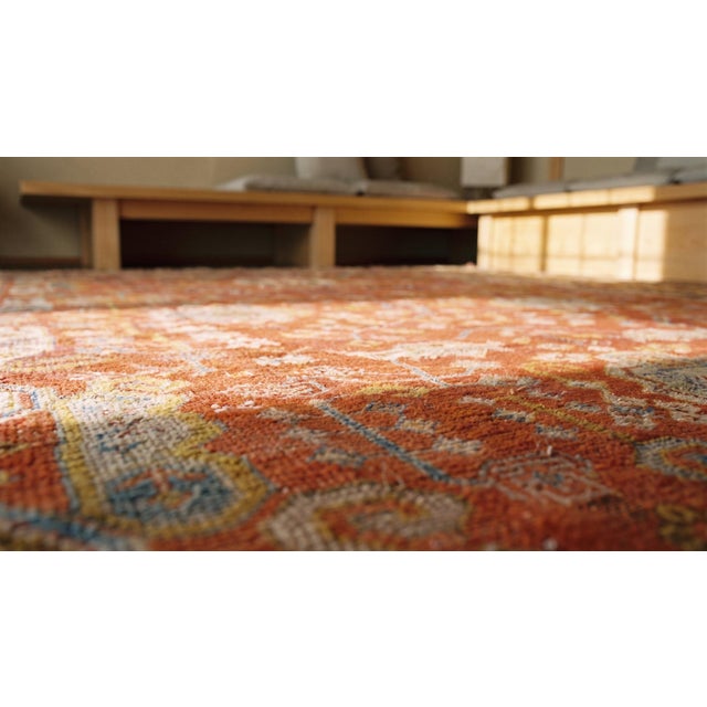 Impressive Coral Red With Palmettes Cross Pattern Antique Turkish Oushak Rug For Sale - Image 14 of 15
