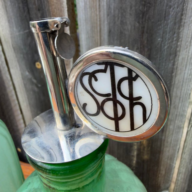 Art Deco Vintage Green Decanter Bottles With Metal Siphon Discs and Monogram Discs - Set of 3 For Sale - Image 3 of 9